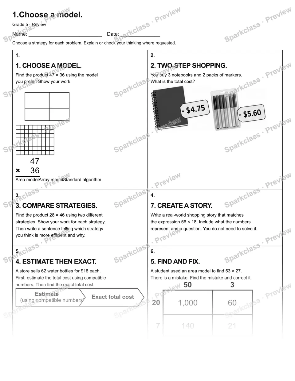 1.Choose a model. — Review — Grade 5 worksheet preview