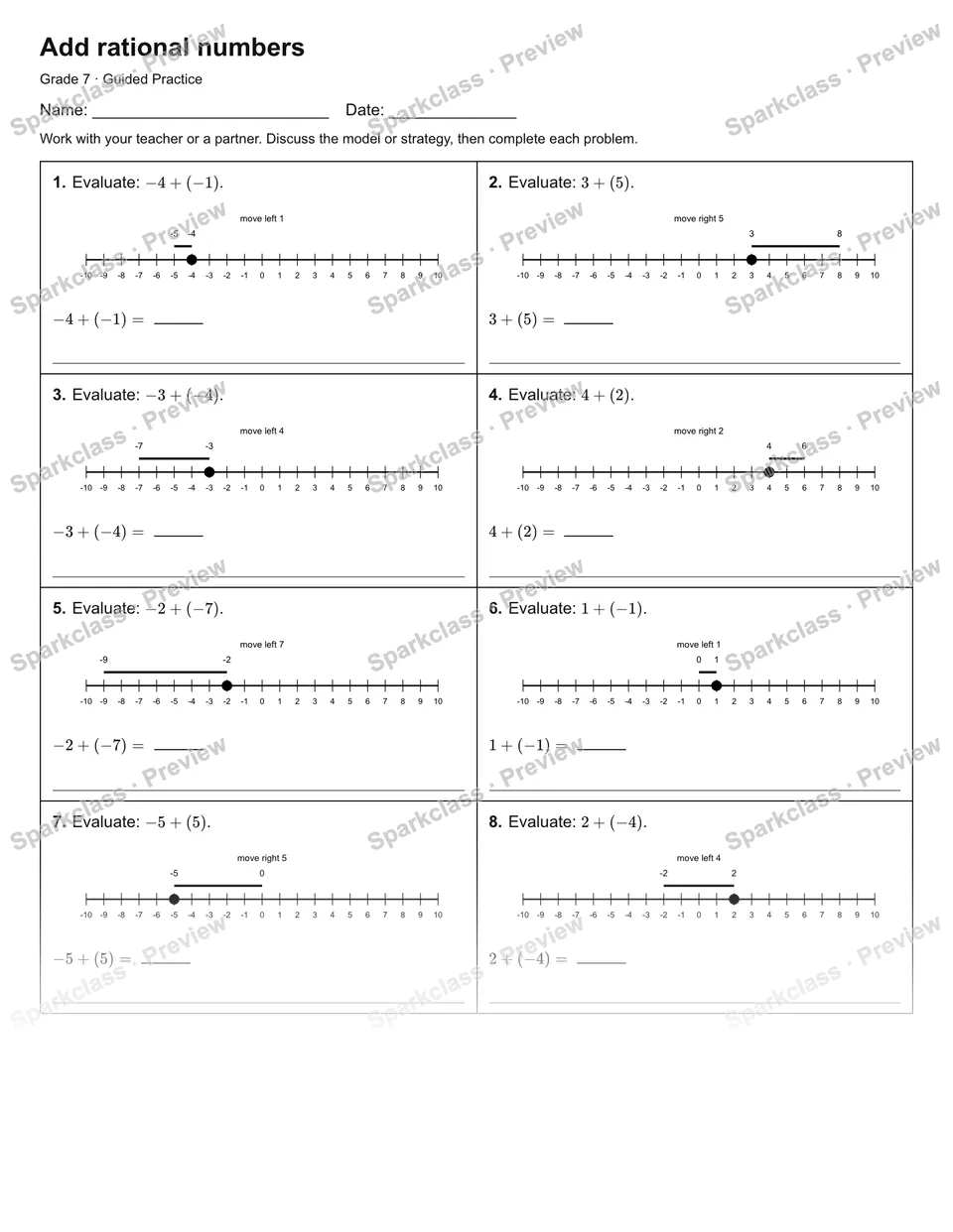 Add rational numbers — Guided Practice — Grade 7 worksheet preview
