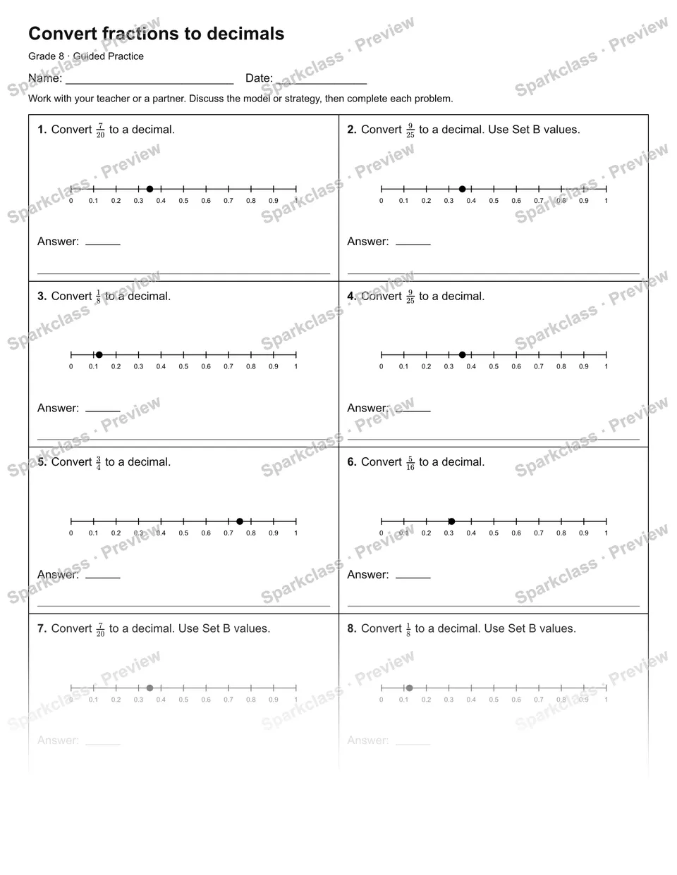 Convert fractions to decimals — Guided Practice — Grade 8 worksheet preview