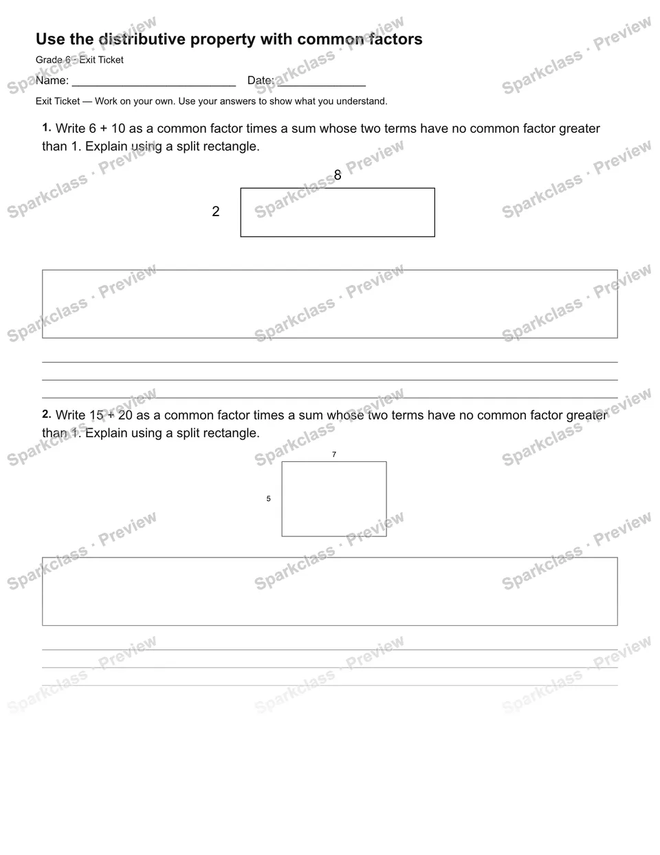 Use the distributive property with common factors — Exit Ticket — page 2
