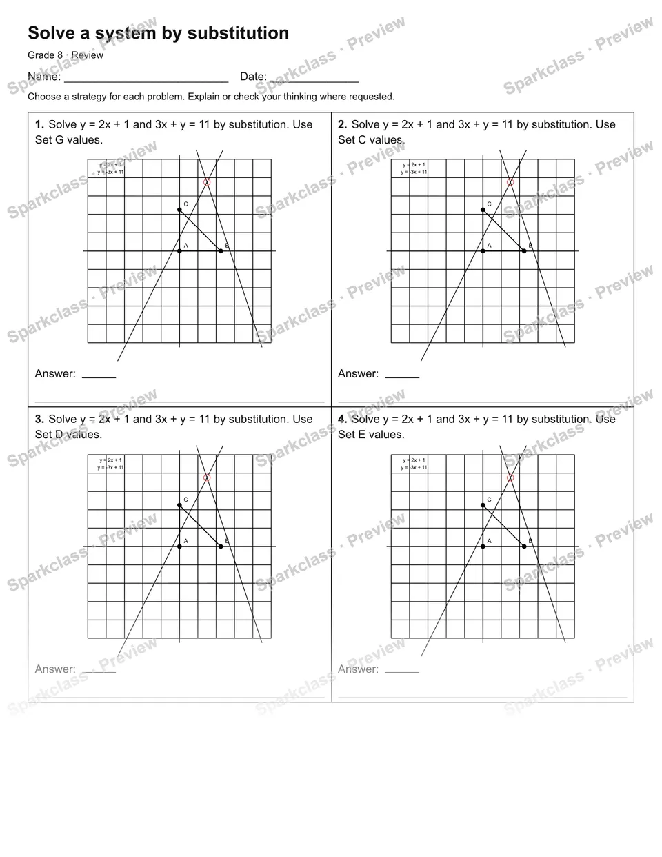 Solve a system by substitution — Review — Grade 8 worksheet preview
