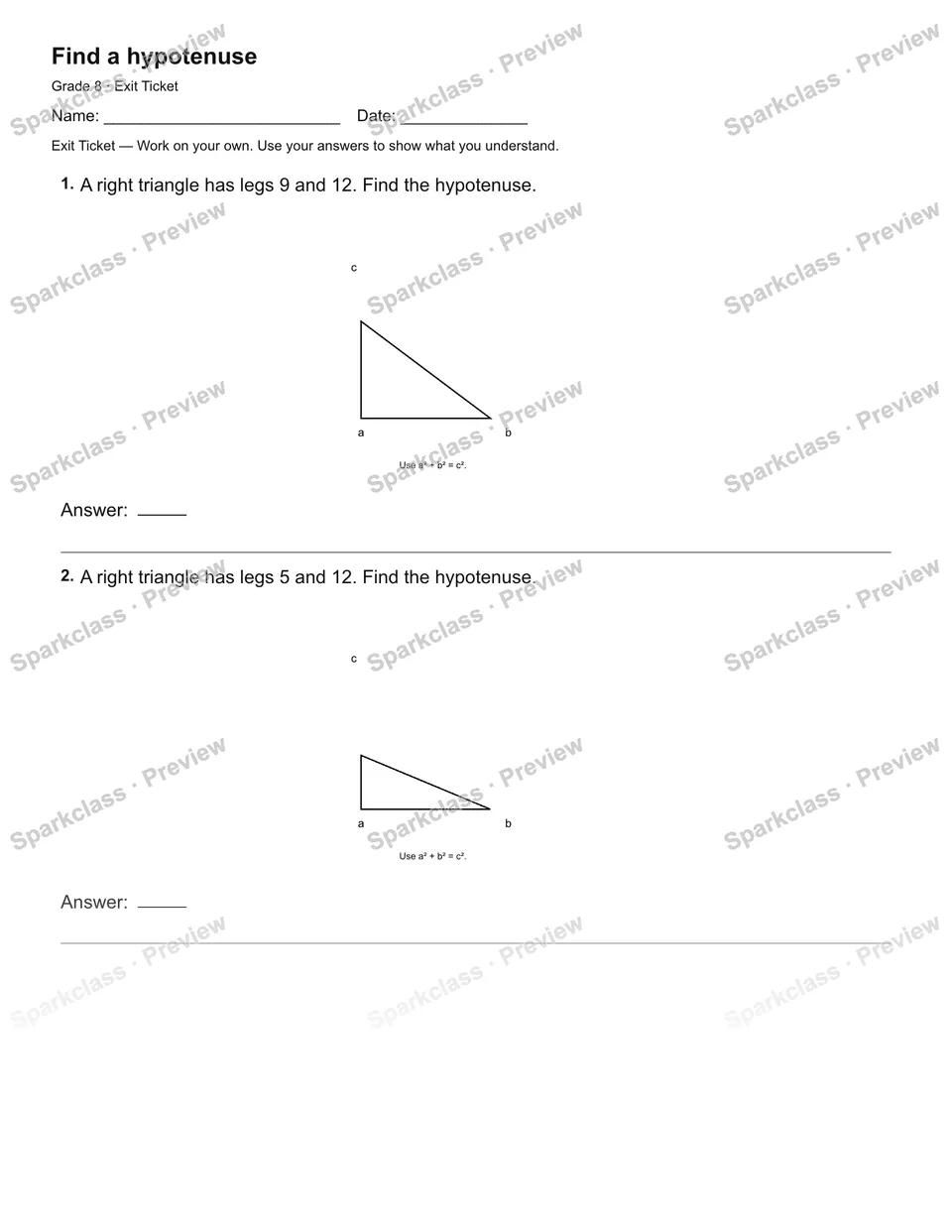 Find a hypotenuse — Exit Ticket — Grade 8 worksheet preview