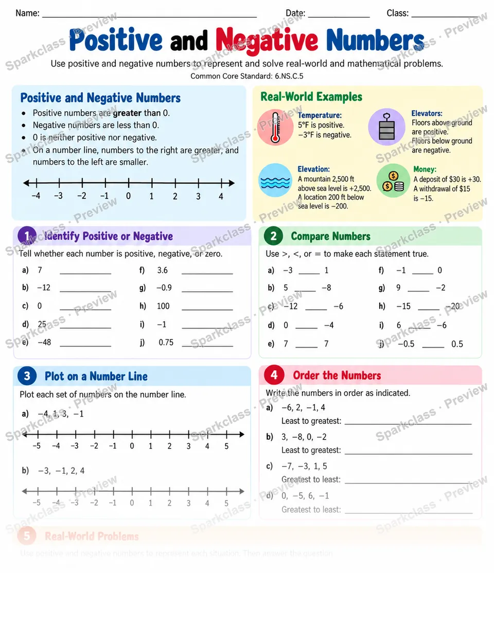 Positive Negative — Grade 6 worksheet preview