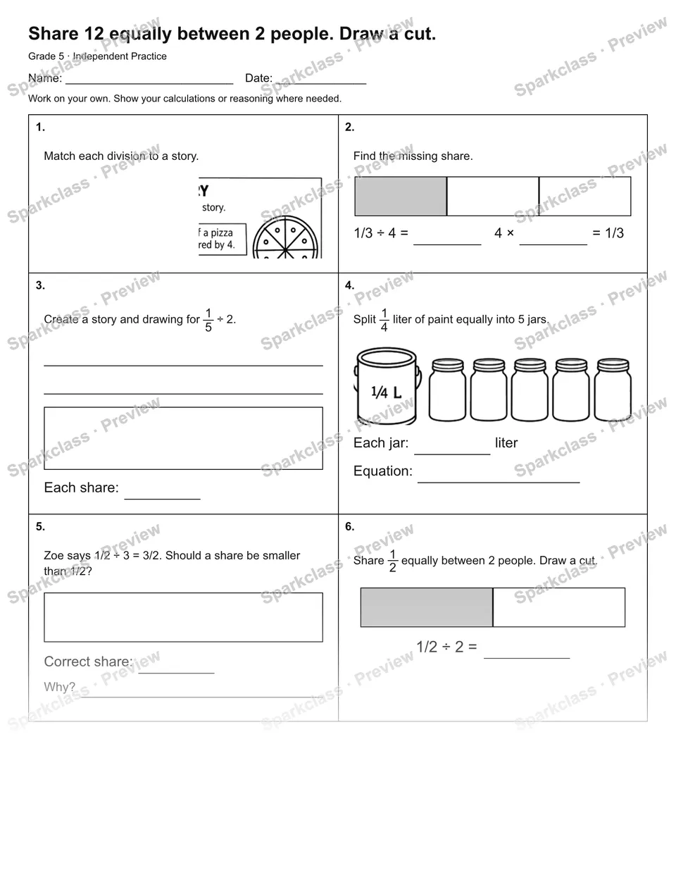Share 12 equally between 2 people. Draw a cut. — Independent Practice — Grade 5 worksheet preview