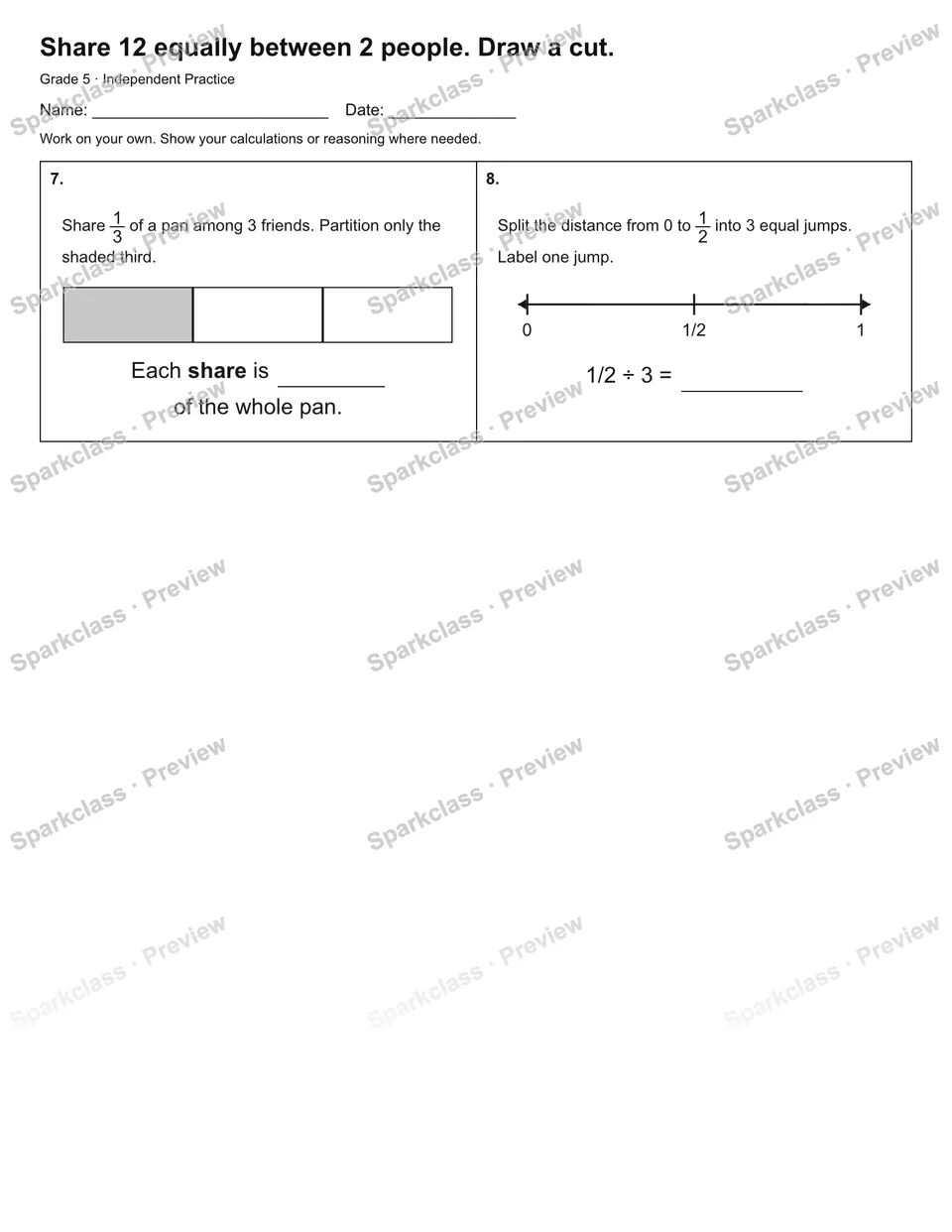 Share 12 equally between 2 people. Draw a cut. — Independent Practice — page 2
