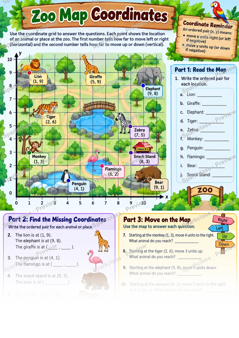 Zoo Coordinate Problems — Grade 5 worksheet preview