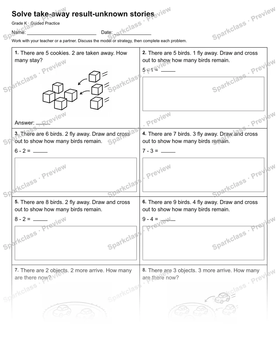 Solve take-away result-unknown stories — Guided Practice — Kindergarten worksheet preview