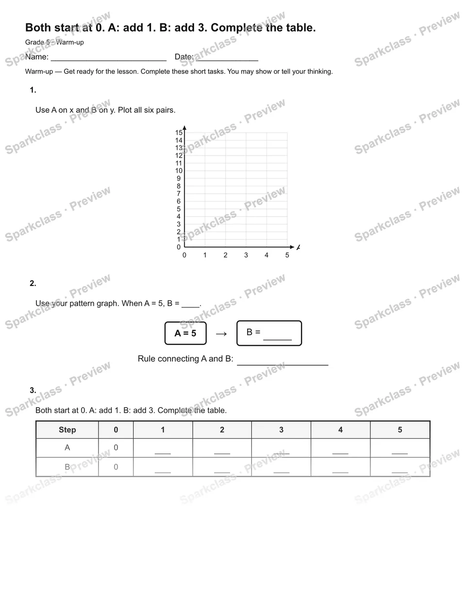 Both start at 0. A: add 1. B: add 3. Complete the table. — Warm-up — Grade 5 worksheet preview