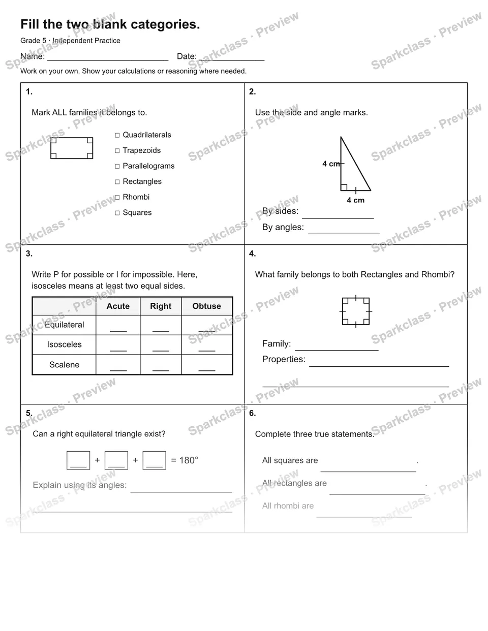 Fill the two blank categories. — Independent Practice — Grade 5 worksheet preview