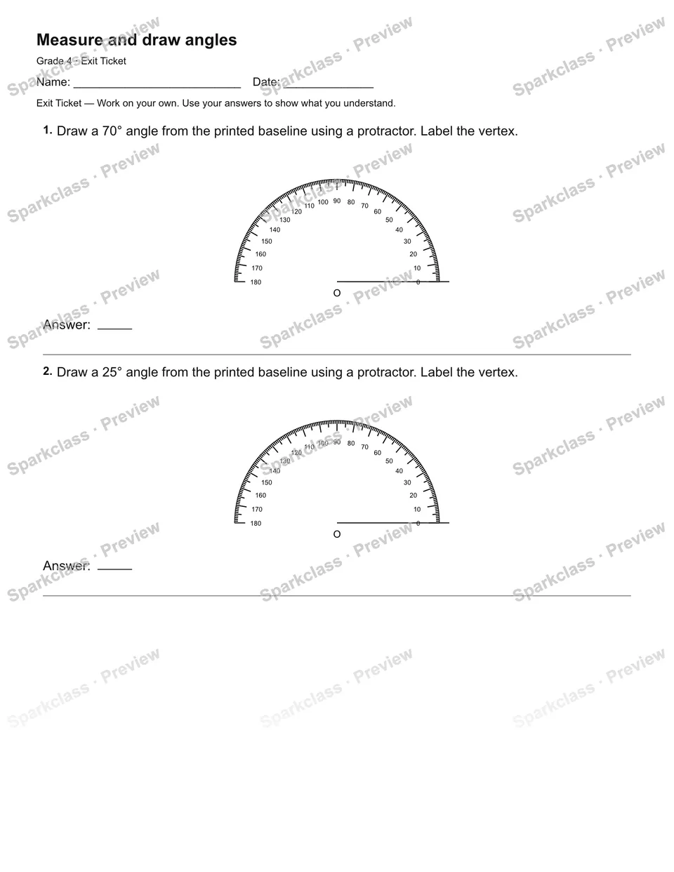 Measure and draw angles — Exit Ticket — Grade 4 worksheet preview