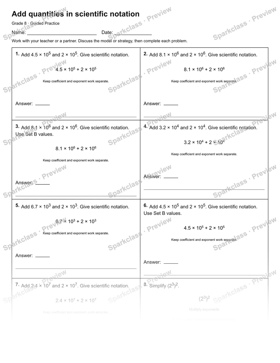 Add quantities in scientific notation — Guided Practice — Grade 8 worksheet preview
