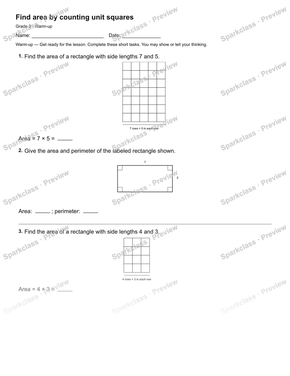 Find area by counting unit squares — Warm-up — Grade 3 worksheet preview
