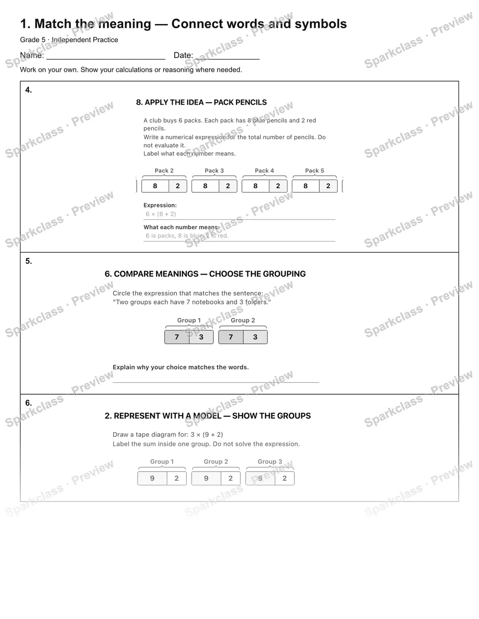 1. Match the meaning — Connect words and symbols — Independent Practice — page 2