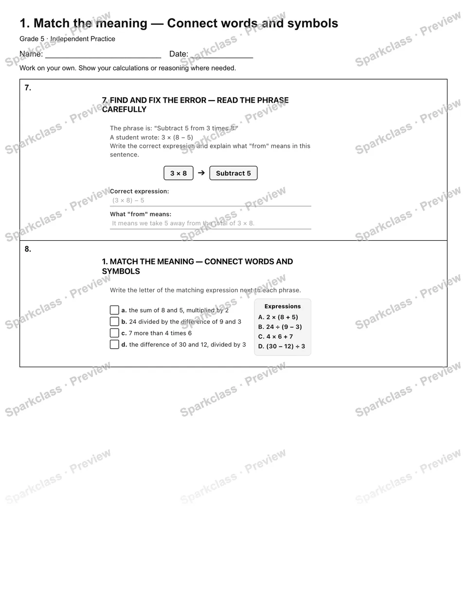 1. Match the meaning — Connect words and symbols — Independent Practice — page 3
