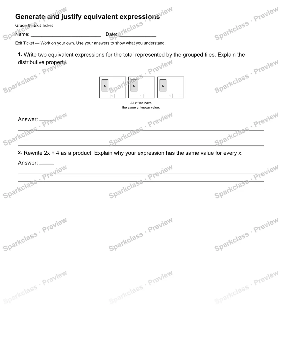 Generate and justify equivalent expressions — Exit Ticket — page 2