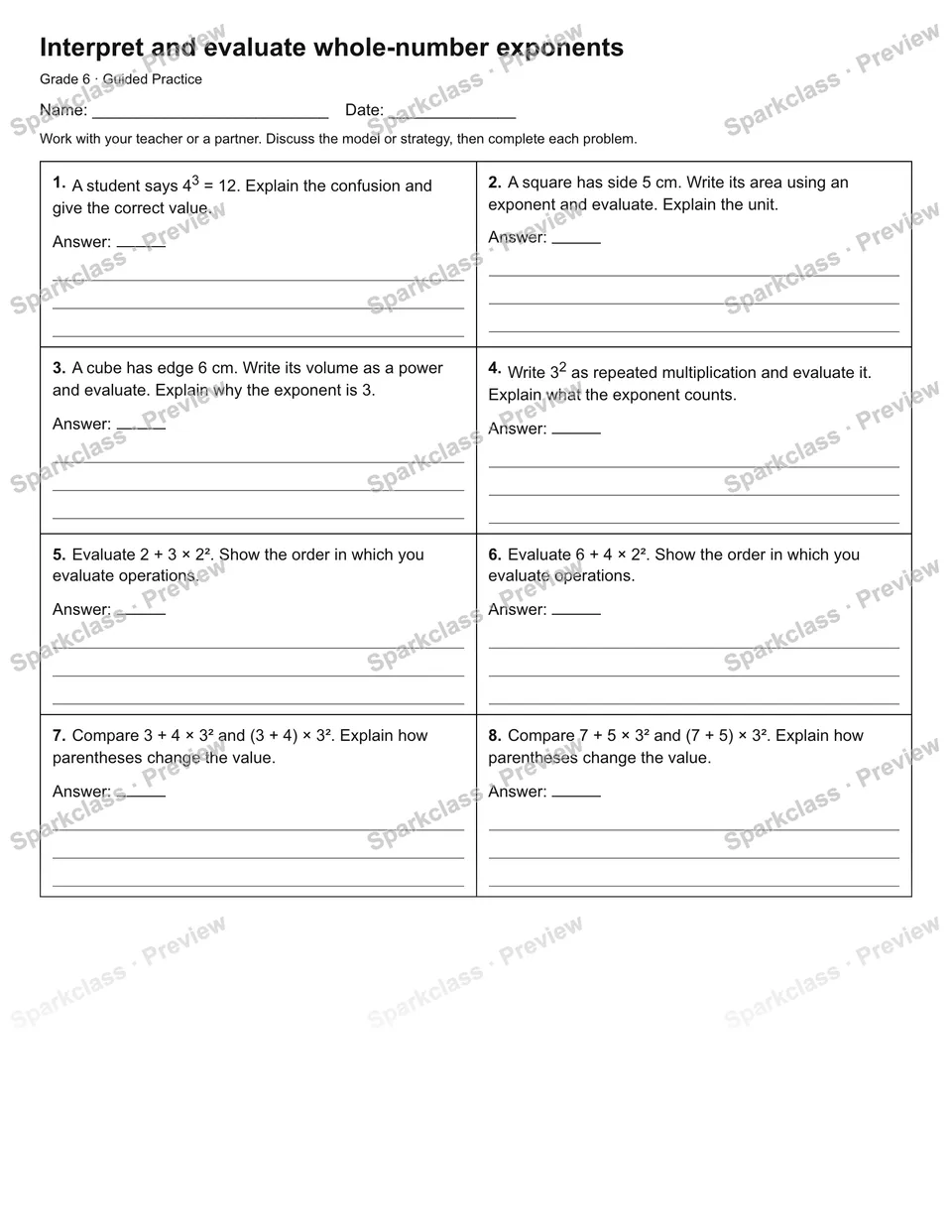 Interpret and evaluate whole-number exponents — Guided Practice — Grade 6 worksheet preview