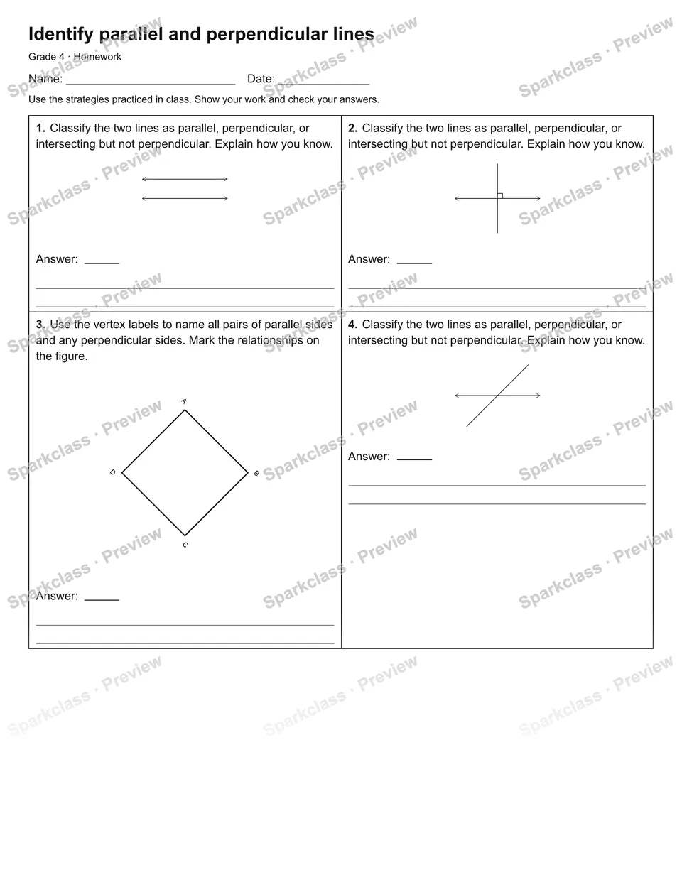 Identify parallel and perpendicular lines — Homework — Grade 4 worksheet preview