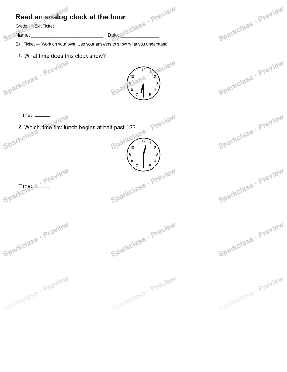 Read an analog clock at the hour — Exit Ticket — page 2