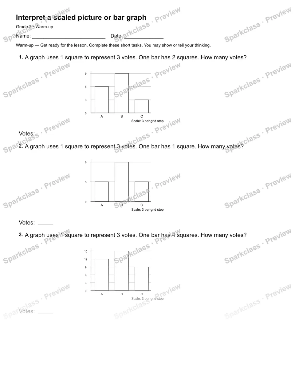 Interpret a scaled picture or bar graph — Warm-up — Grade 3 worksheet preview