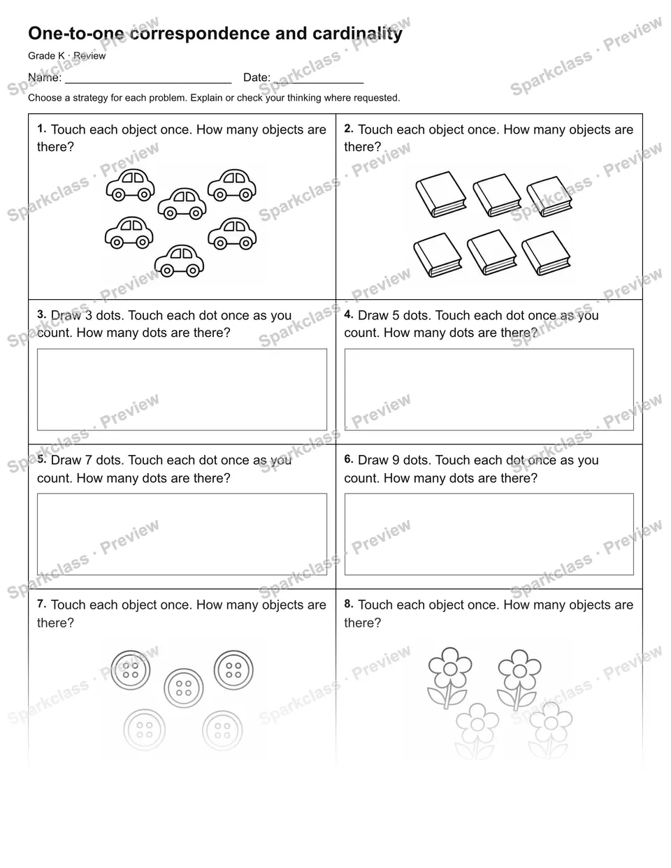 One-to-one correspondence and cardinality — Review — Kindergarten worksheet preview