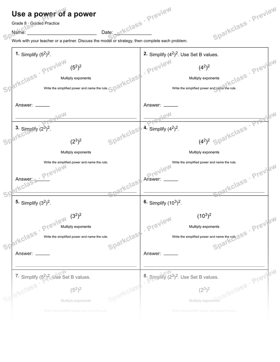 Use a power of a power — Guided Practice — Grade 8 worksheet preview