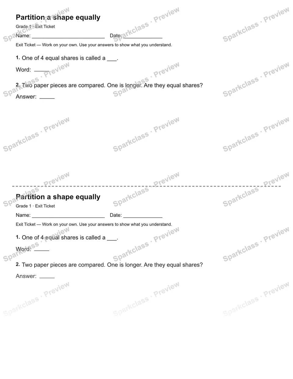 Partition a shape equally — Exit Ticket — Grade 1 worksheet preview