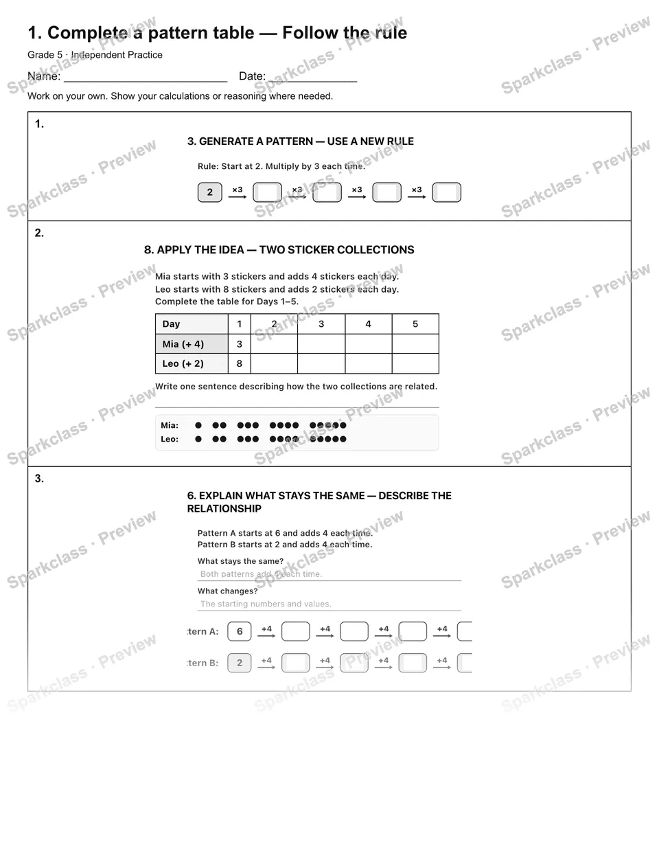 1. Complete a pattern table — Follow the rule — Independent Practice — Grade 5 worksheet preview