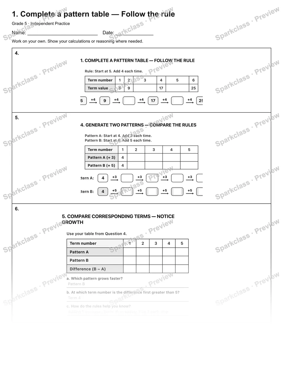 1. Complete a pattern table — Follow the rule — Independent Practice — page 2