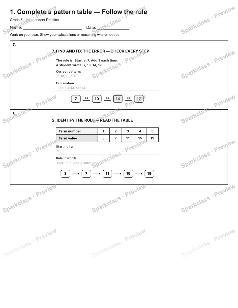 1. Complete a pattern table — Follow the rule — Independent Practice — page 3