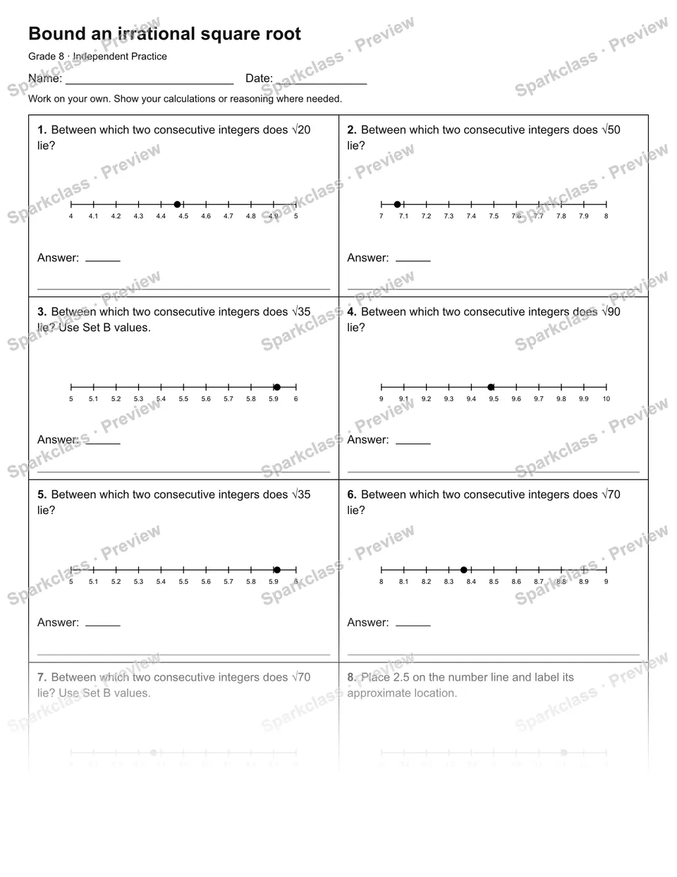 Bound an irrational square root — Independent Practice — Grade 8 worksheet preview