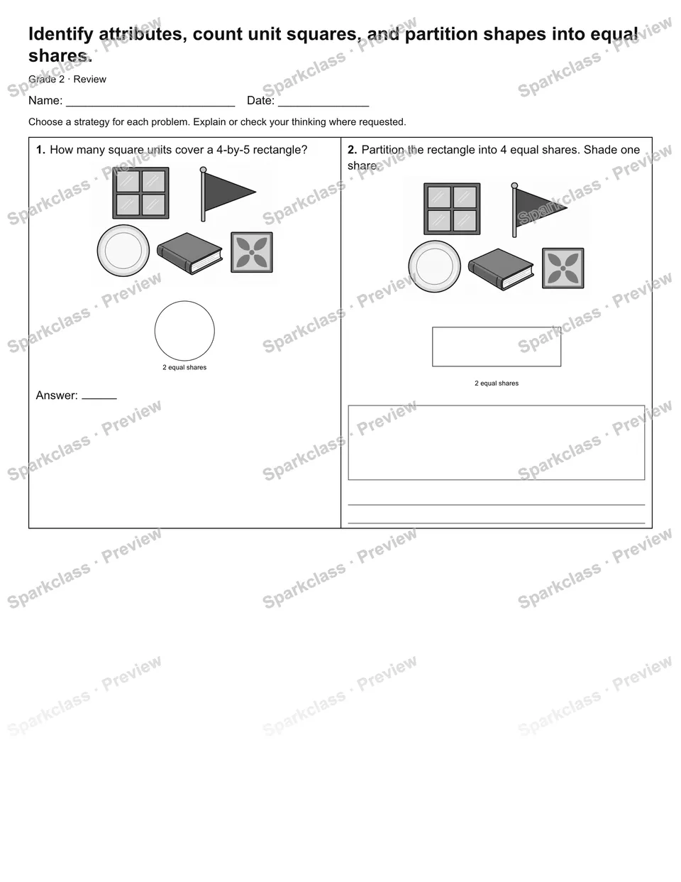 Identify attributes, count unit squares, and partition shapes into equal shares. — Review — Grade 2 worksheet preview