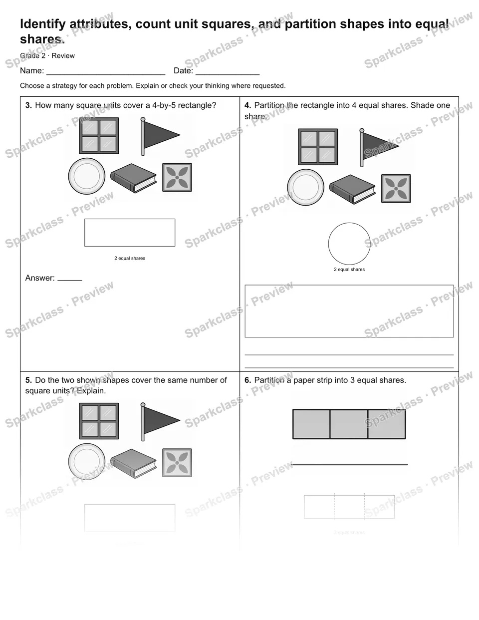 Identify attributes, count unit squares, and partition shapes into equal shares. — Review — page 2
