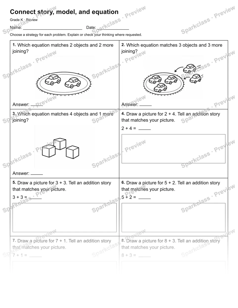 Connect story, model, and equation — Review — Kindergarten worksheet preview
