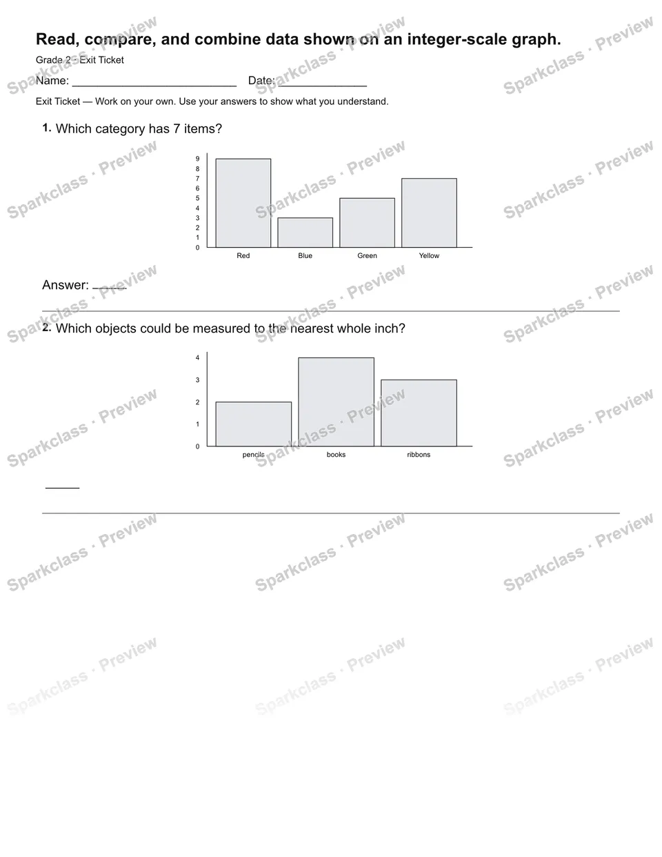 Read, compare, and combine data shown on an integer-scale graph. — Exit Ticket — Grade 2 worksheet preview