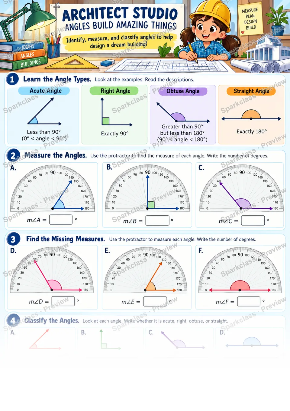 Measure and Classify Angles — Grade 4 worksheet preview