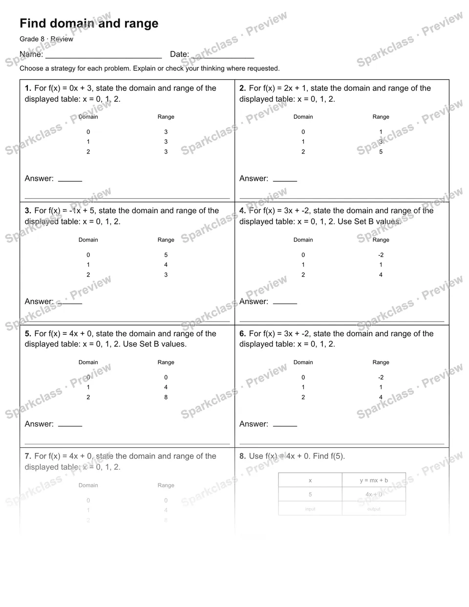 Find domain and range — Review — Grade 8 worksheet preview