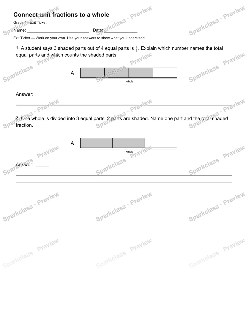 Connect unit fractions to a whole — Exit Ticket — page 2