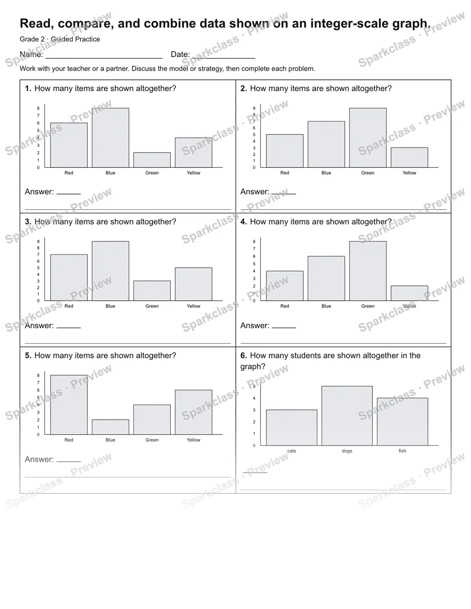 Read, compare, and combine data shown on an integer-scale graph. — Guided Practice — Grade 2 worksheet preview
