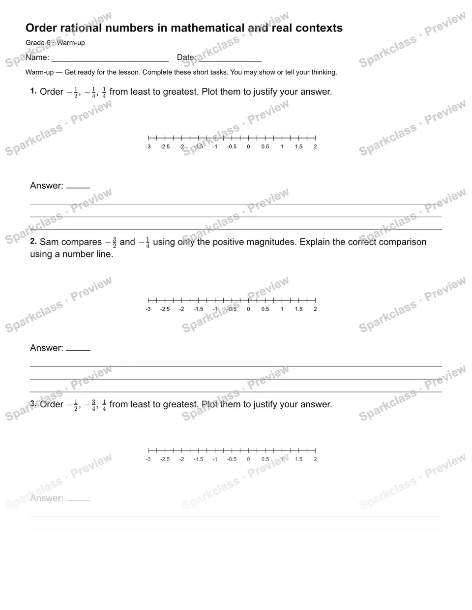 Order rational numbers in mathematical and real contexts — Warm-up — Grade 6 worksheet preview