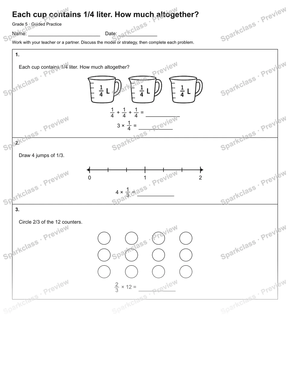Each cup contains 1/4 liter. How much altogether? — Guided Practice — Grade 5 worksheet preview