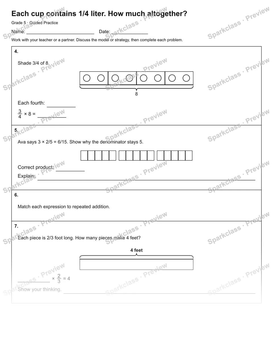 Each cup contains 1/4 liter. How much altogether? — Guided Practice — page 2