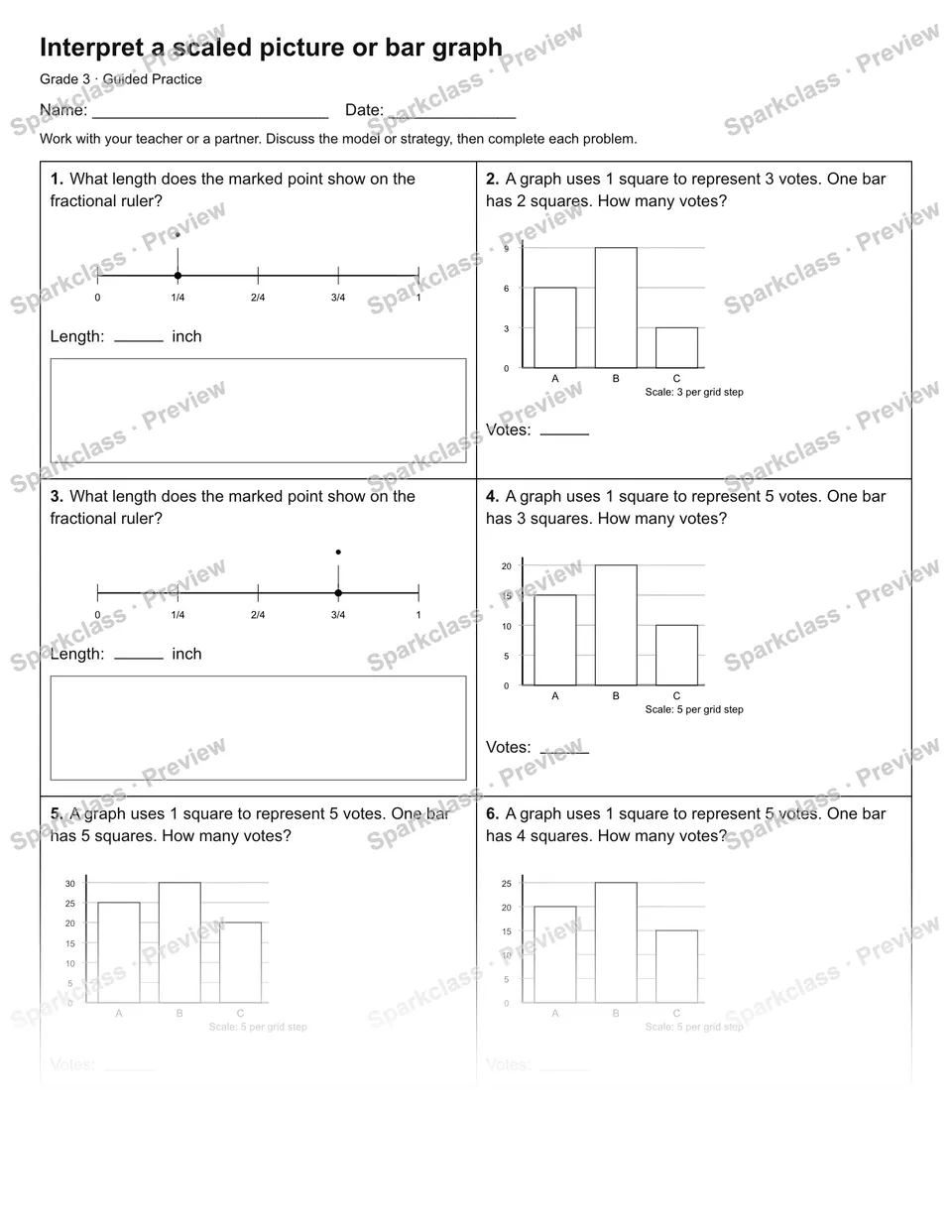 Interpret a scaled picture or bar graph — Guided Practice — Grade 3 worksheet preview