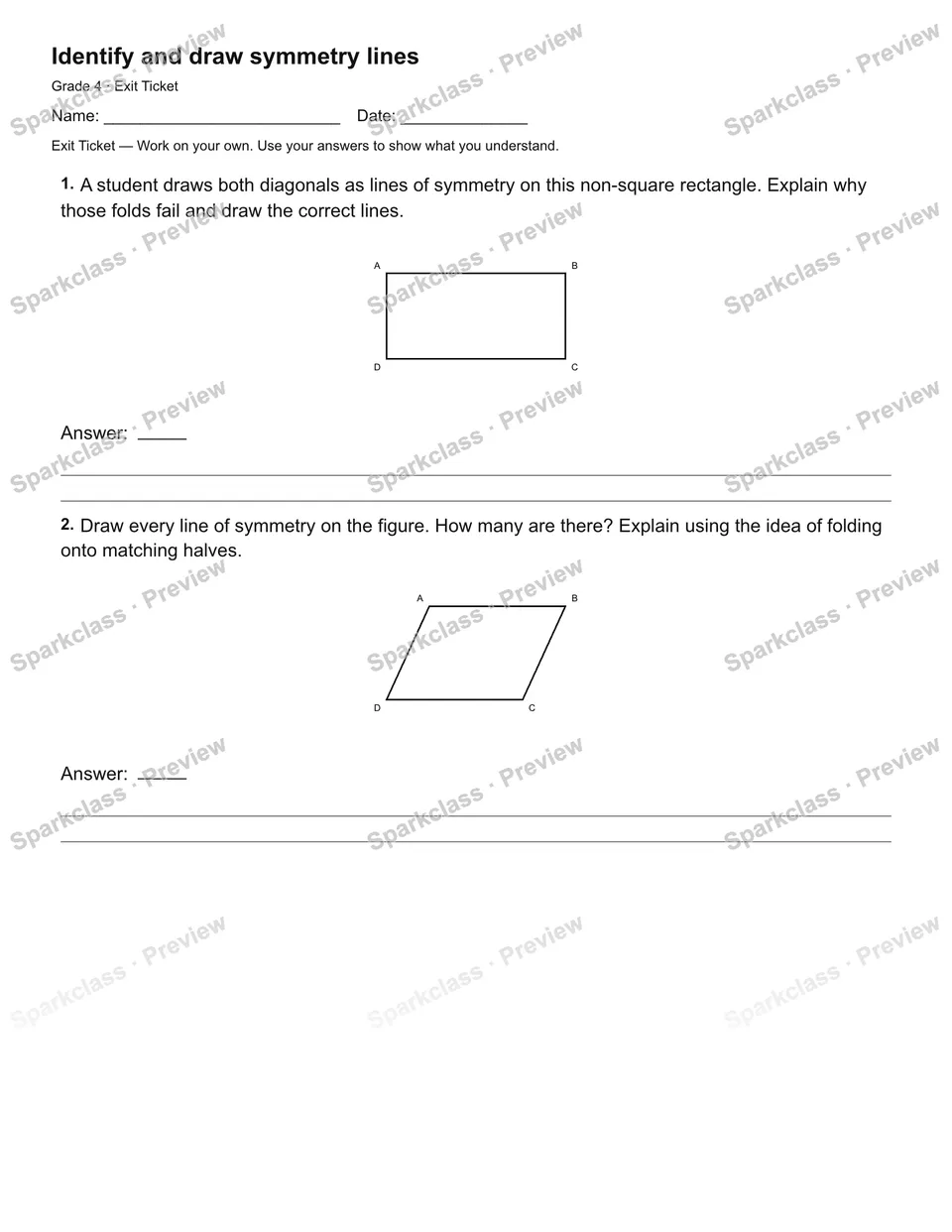 Identify and draw symmetry lines — Exit Ticket — Grade 4 worksheet preview
