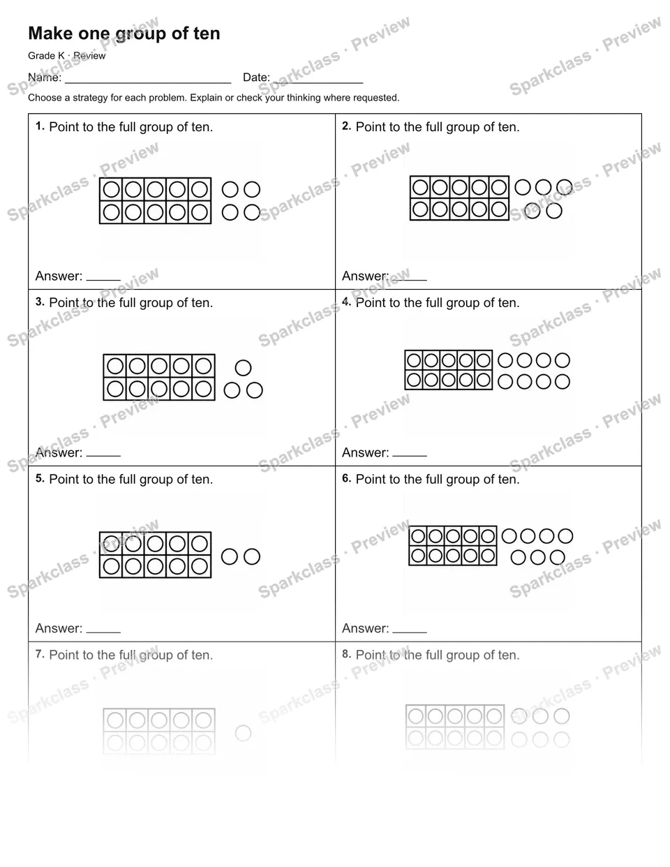 Make one group of ten — Review — Kindergarten worksheet preview