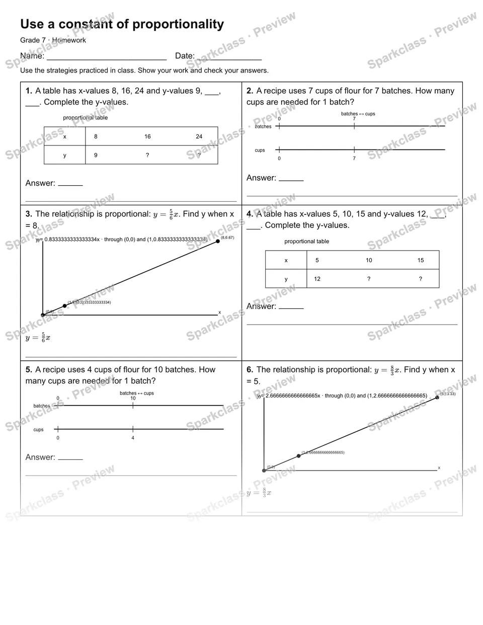 Use a constant of proportionality — Homework — Grade 7 worksheet preview