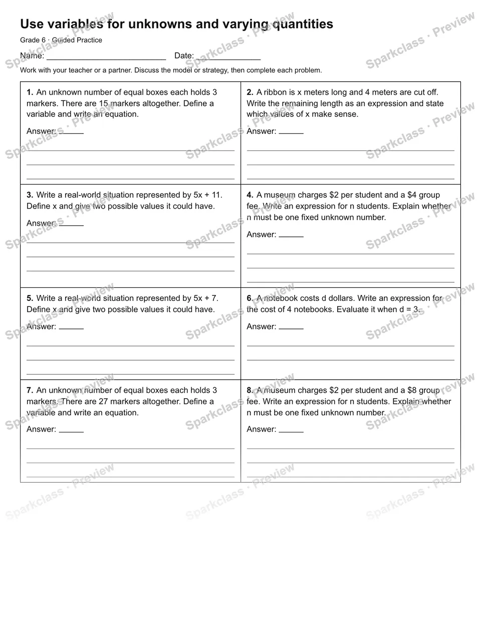 Use variables for unknowns and varying quantities — Guided Practice — Grade 6 worksheet preview