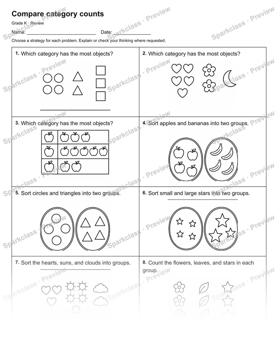 Compare category counts — Review — Kindergarten worksheet preview