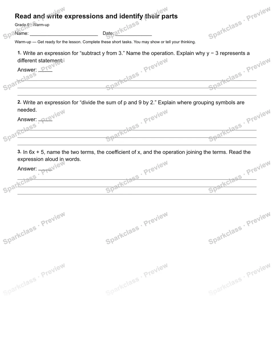 Read and write expressions and identify their parts — Warm-up — page 2
