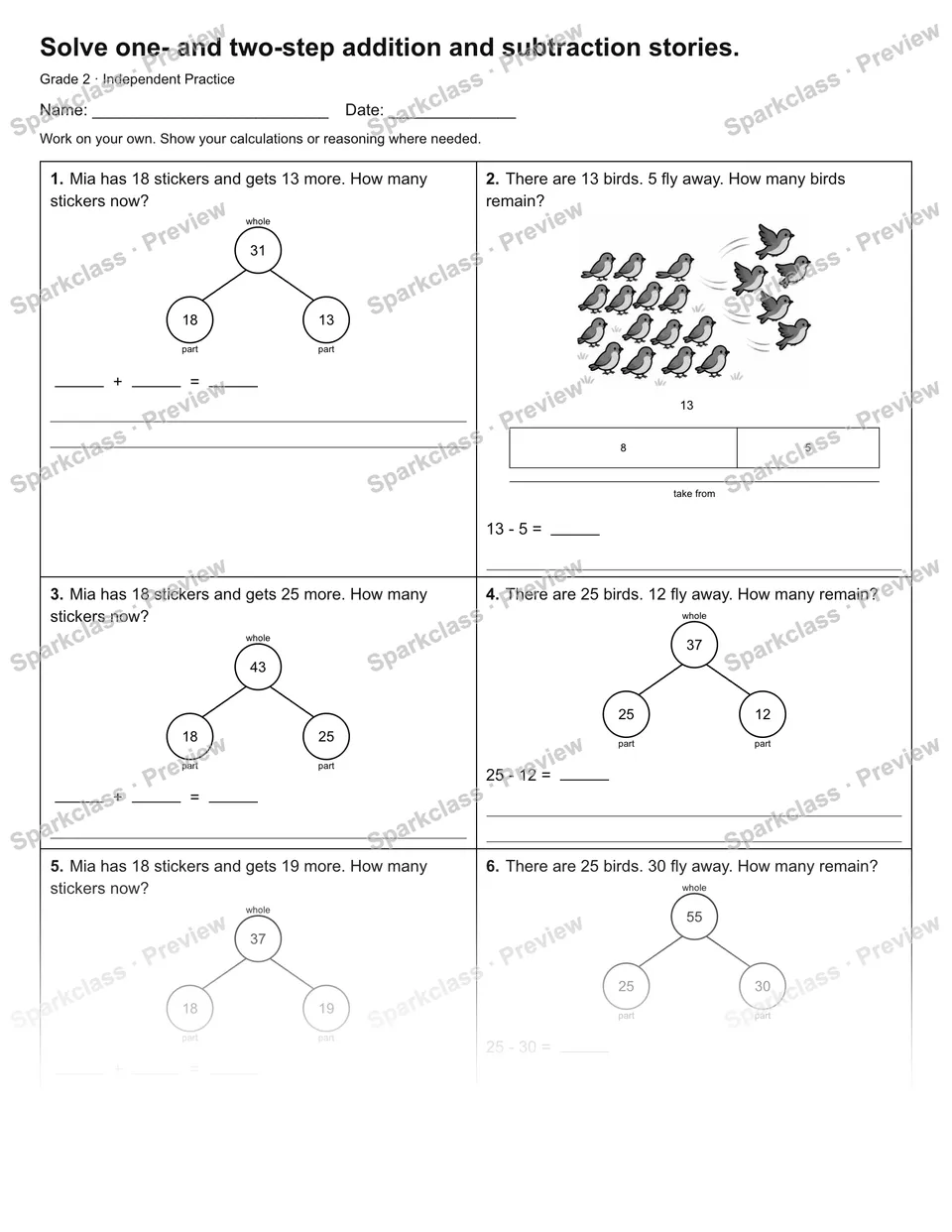 Solve one- and two-step addition and subtraction stories. — Independent Practice — Grade 2 worksheet preview