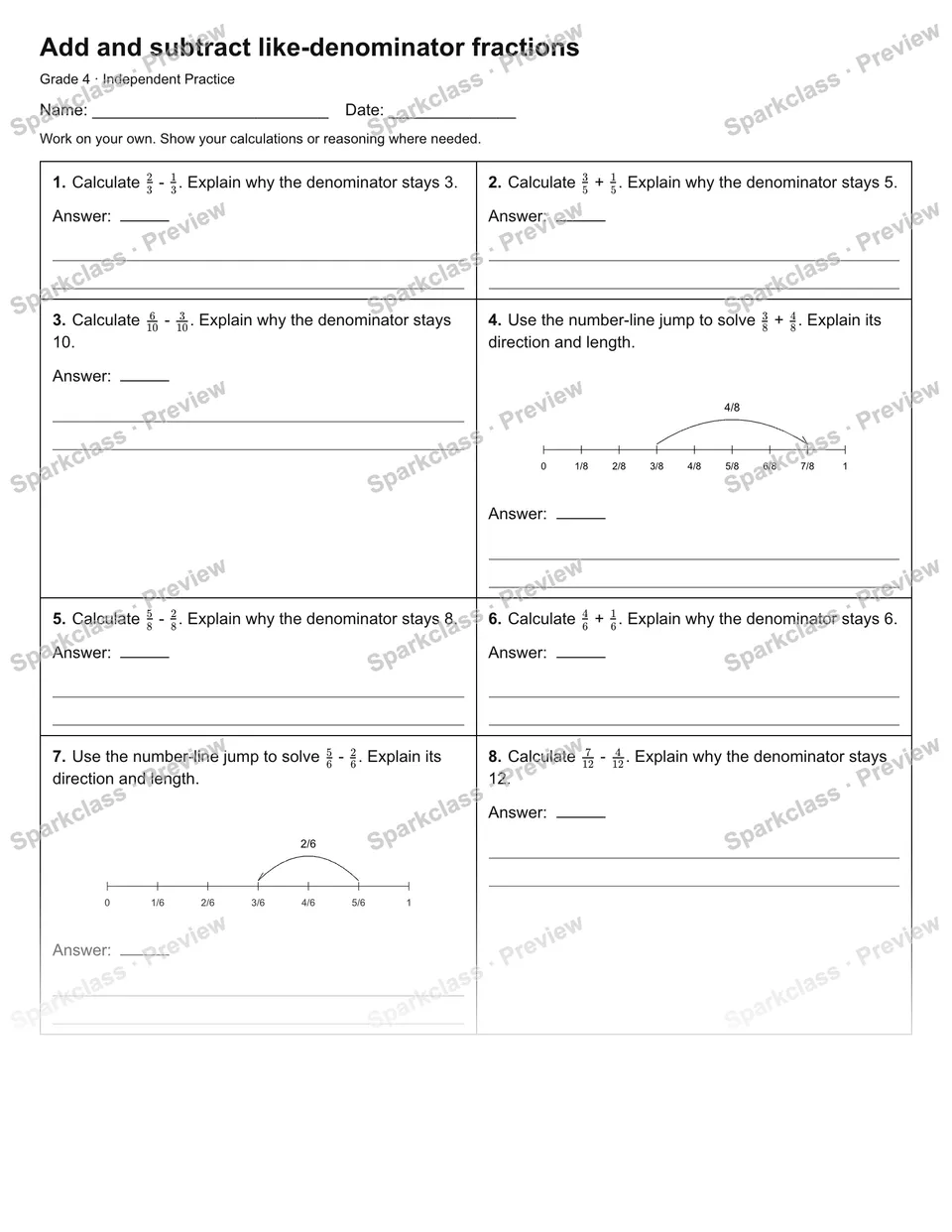 Add and subtract like-denominator fractions — Independent Practice — Grade 4 worksheet preview